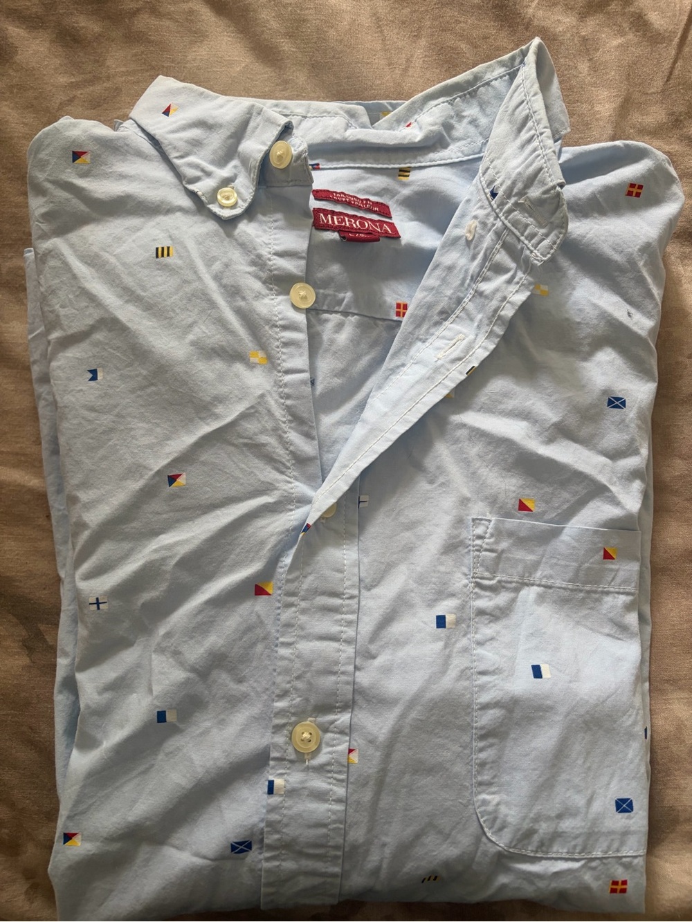 Merona Light Blue Button-Down Shirt with Nautical Flag Motif